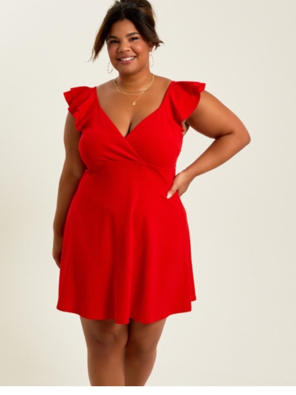 Red V-Neck Flutter Sleeve Dress - Classic Women's Fit
